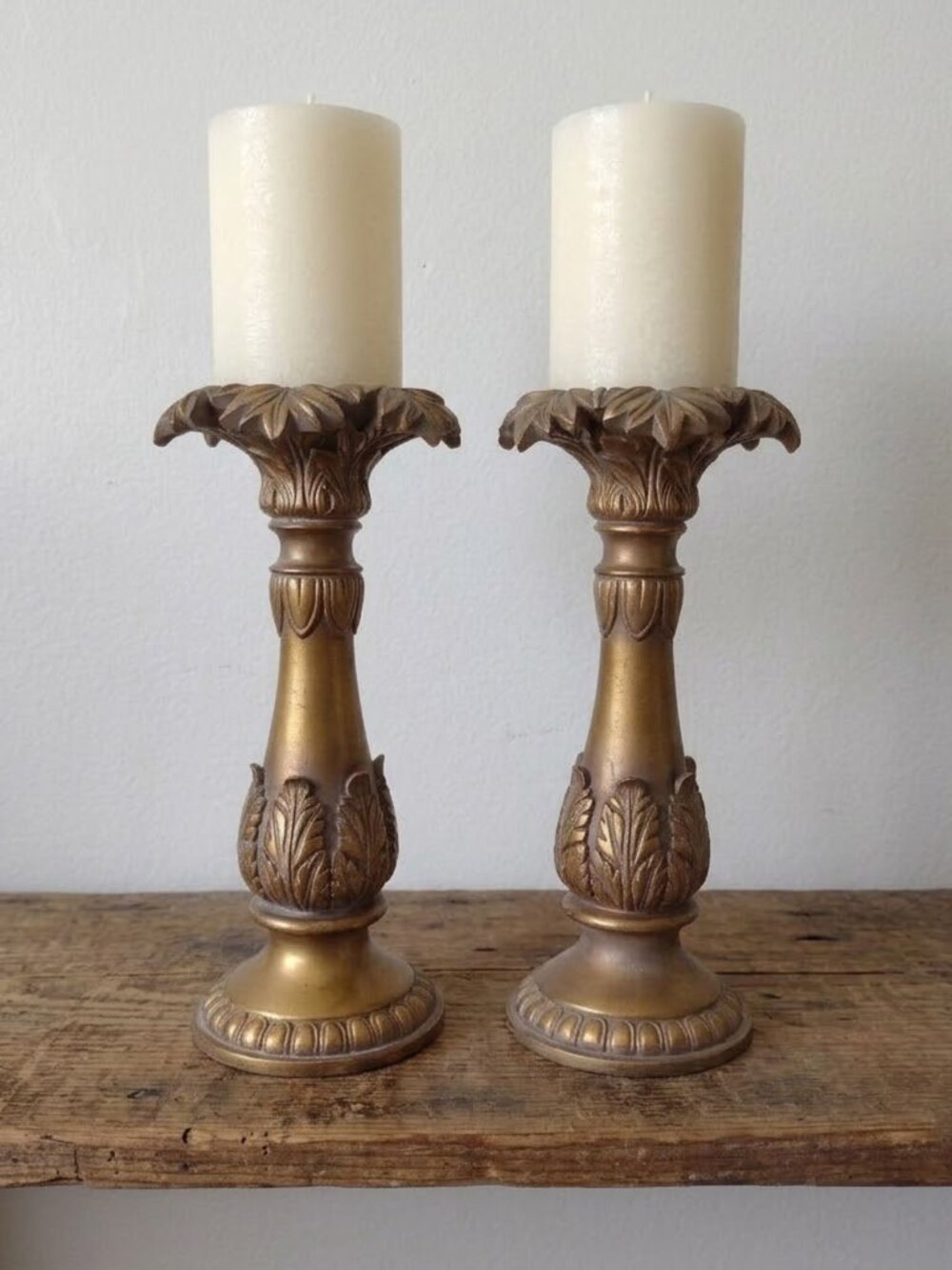 Vintage Pair Ornate Gold Leaf Candlesticks Hollywood Regency Candle Holders Set